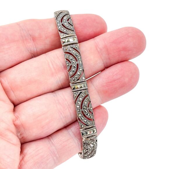 Vintage NF Thailand Sterling Silver 925 Marcasite Link Bracelet 8” - Picture 1 of 9